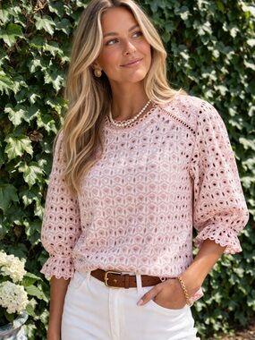 BROADWAY 38 Pink and White Eyelet Ruffle Sleeve Scalloped Neck Blouse, L